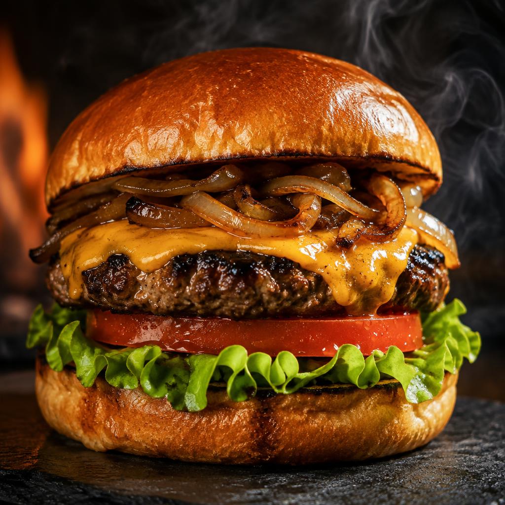 Burger s pečenom pljeskavicom, sirom i lukom